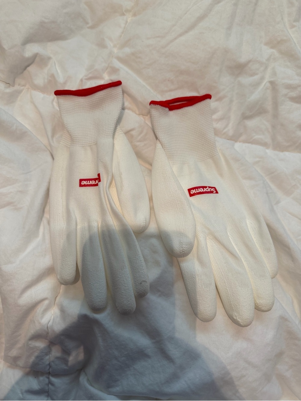 Supreme White Gloves with Red Trim and Logo